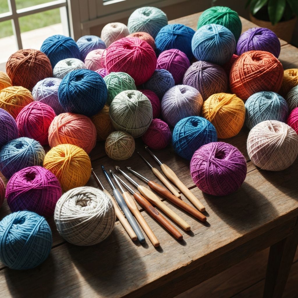 Colorful balls of yarn and crochet hooks on a wooden workspace